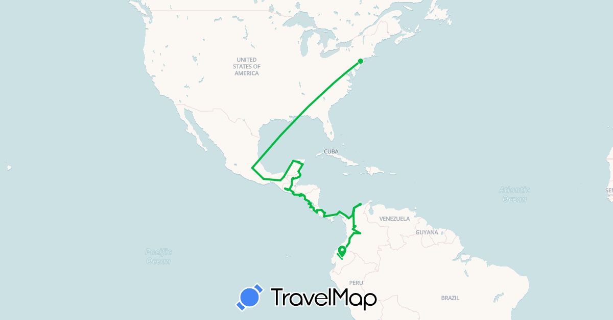 TravelMap itinerary: bus in Belize, Colombia, Costa Rica, Ecuador, Guatemala, Honduras, Mexico, Nicaragua, Panama, El Salvador, United States (North America, South America)